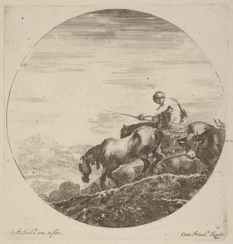 Shepherd on a Horse Driving a Herd of Various Animals by Stefano della Bella, print, 1610-1664