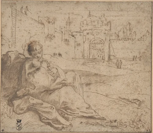 The Virgin and Child Resting Outside a City Gate by Annibale Carracci, drawing, 1560-1609
