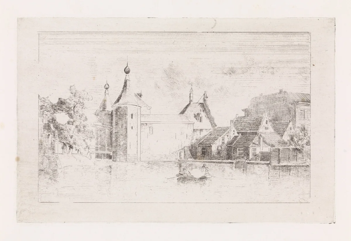 Twee figuren in een boot bij een stadspoort by Gijsbertus Johannes Verspuy, print, 1833-1862