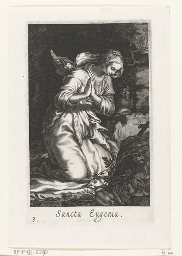 Heilige Eugenia van Rome als kluizenares by Boëtius Adamsz. Bolswert, print, 1590-1612