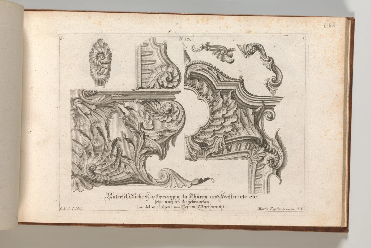 Suggestion for the Decoration of the Lower and Top Right of a Frame, Plate 1 from: 'Unterschidliche Auszierungen zu Thüren und Fenster, etc. etc. sehr nutzlich zu gebrauchen' by Jeremias Wachsmuth, book, 1745-1755