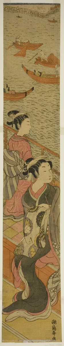 Courtesan and Her Attendant on a Balcony Overlooking River by Isoda Koryusai, print, 1766-1776