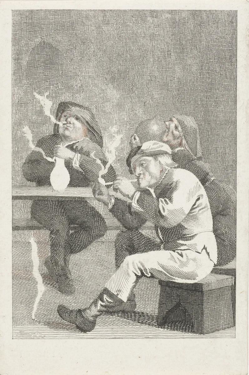 Vier rokende en drinkende mannen aan een tafel by Abraham Delfos, print, 1754