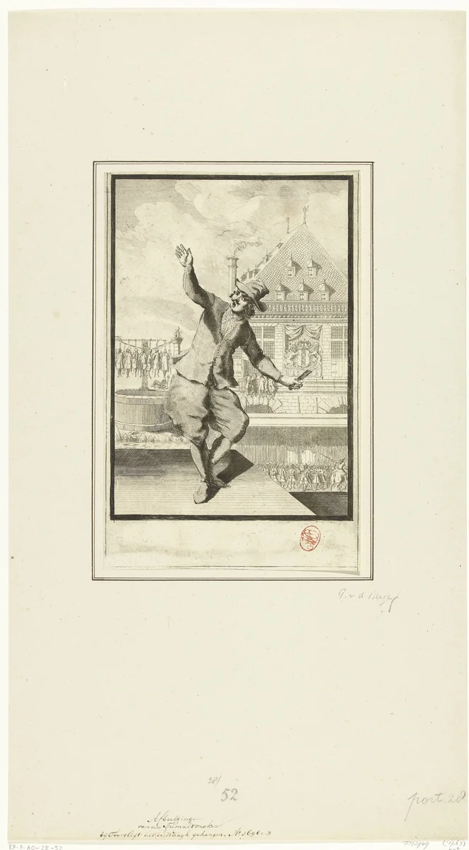 Executie van de oproermakers van het aansprekeroproer te Amsterdam, 1689 by Pieter van den Berge, print, 1696-1698