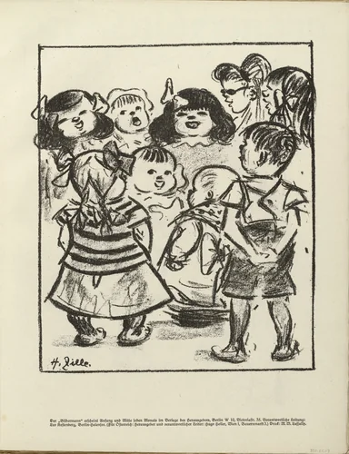 Study with Singing Children (Studienblatt mit singenden Kindern) (plate, folio 11) from the periodical Der Bildermann, vol. 1, no. 5 (June 1916) by Heinrich Zille, periodical, 1916