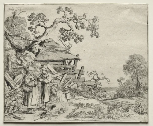 Landscape with Two Peasants Conversing by Pieter Molyn, print, 1626