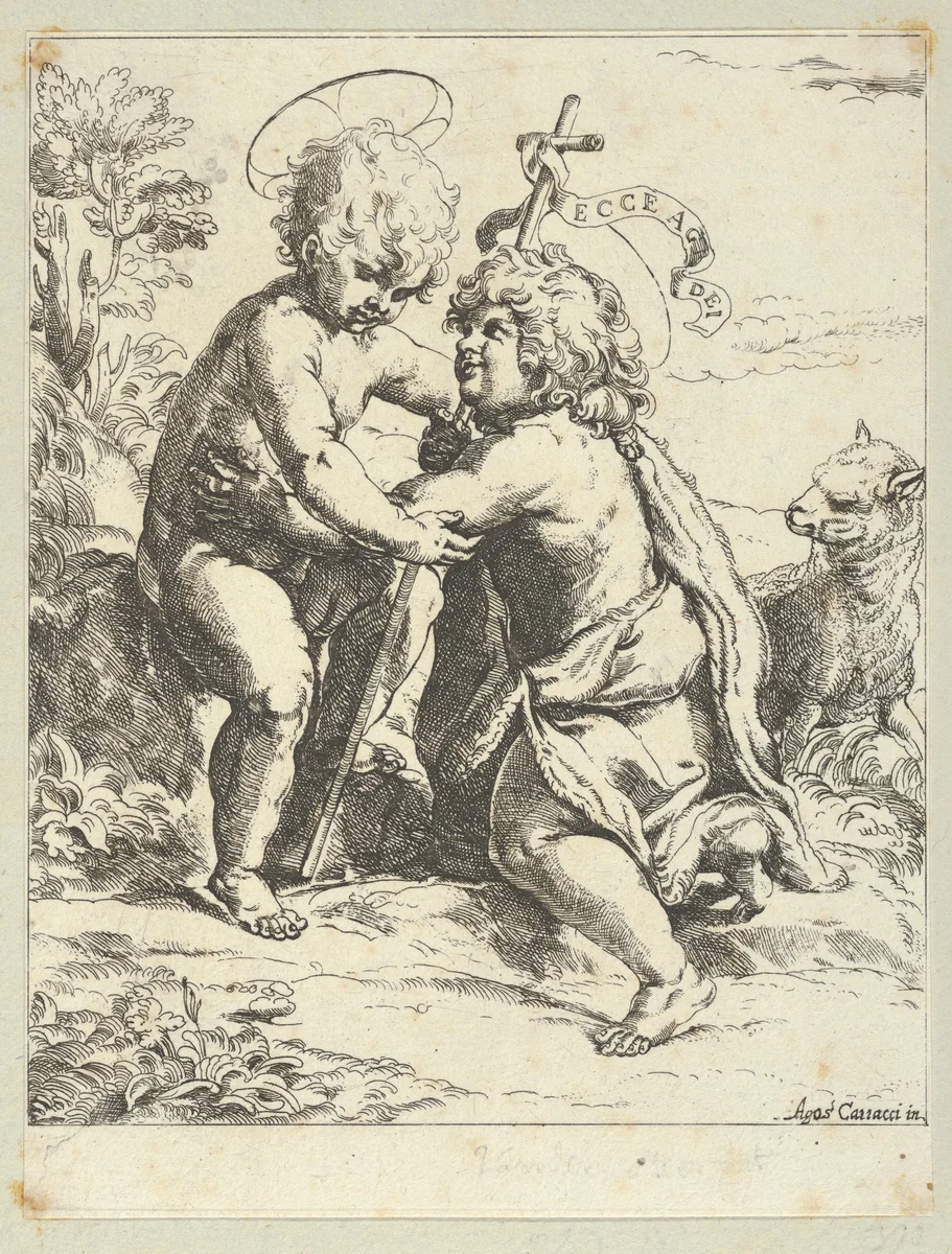 The young Saint John the Baptist kneeling before the young Christ who embraces him, a lamb at right, after Reni by anonymous, print, 1595-1645