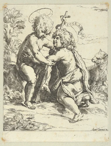 The young Saint John the Baptist kneeling before the young Christ who embraces him, a lamb at right, after Reni by anonymous, print, 1595-1645