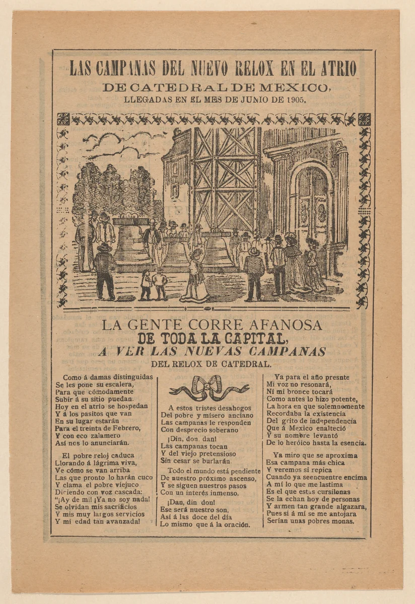 Broadsheet relating to the new clock installed in the cathedral in Mexico City in June 1905 by José Guadalupe Posada, print, 1905