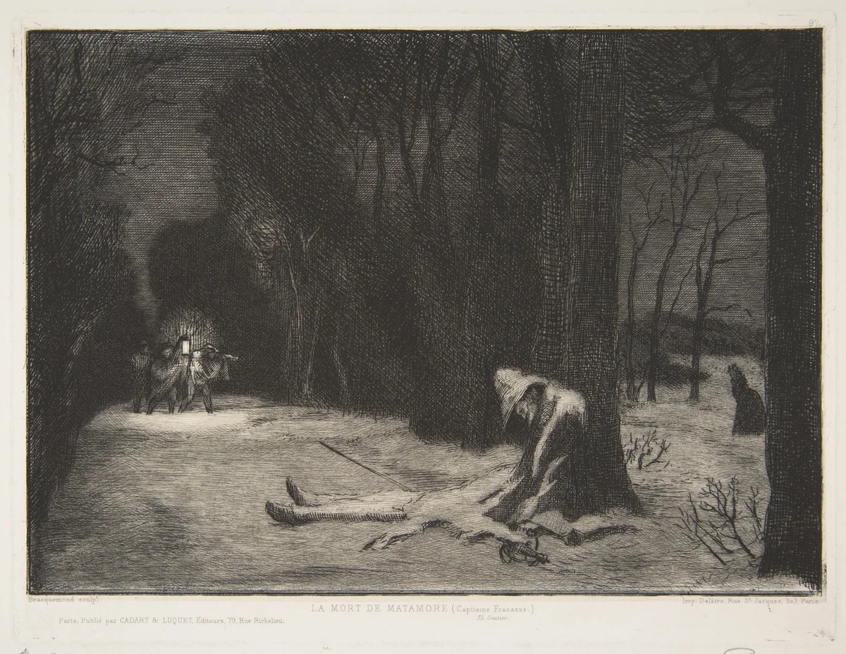 La Mort de Matamore (Capitaine Fracasse) by Félix Bracquemond, print, 1864