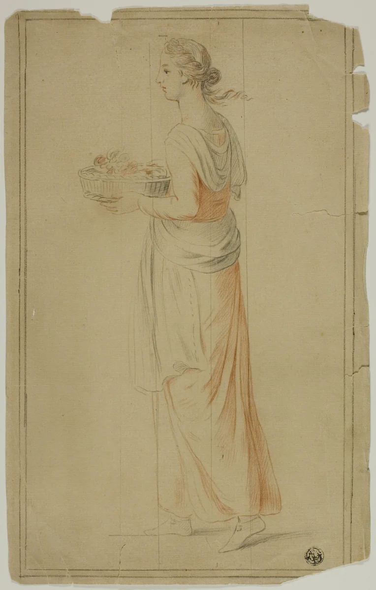 Standing Girl Holding Basket by Unknown Artist, drawing, 1700-1799