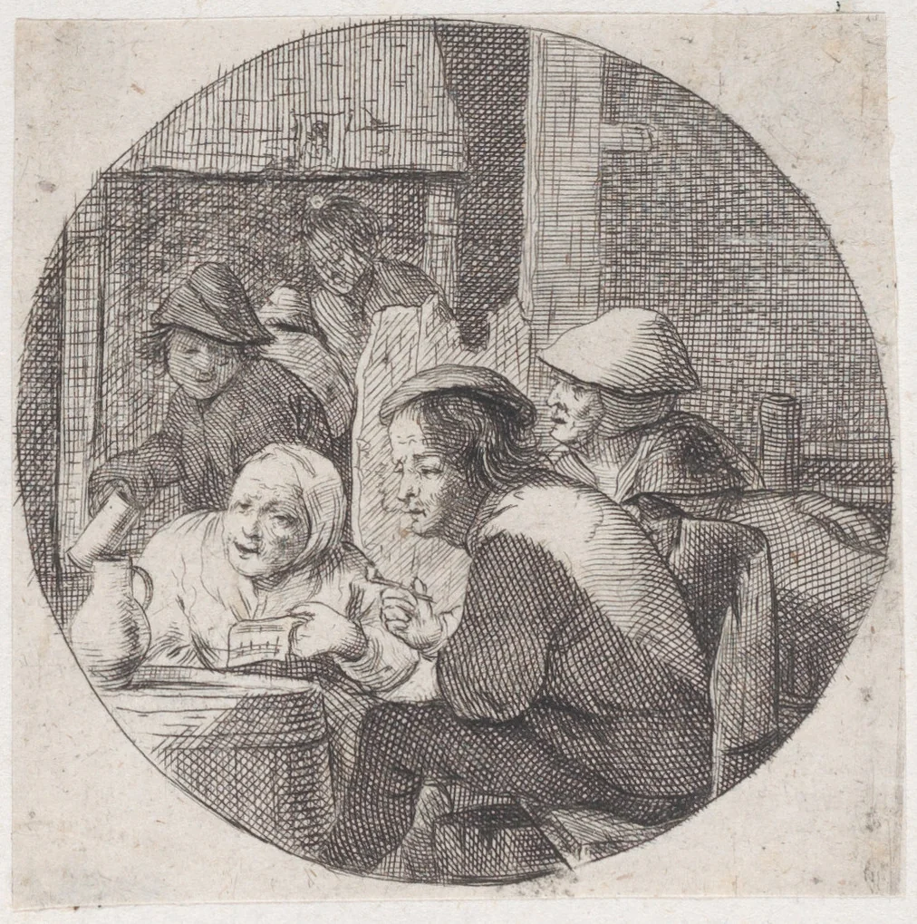 Rustic interior with an old woman holding music and singing in the foreground by Jacques Dassonville, print, 1635-1675