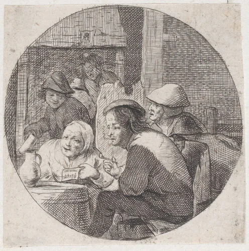 Rustic interior with an old woman holding music and singing in the foreground by Jacques Dassonville, print, 1635-1675
