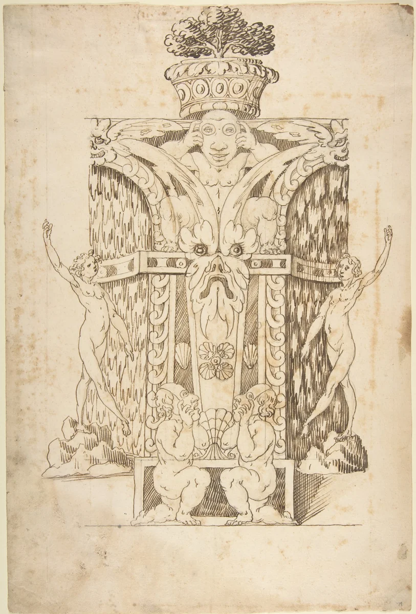 Design for a Wall Fountain by anonymous, drawing, 1550-1620