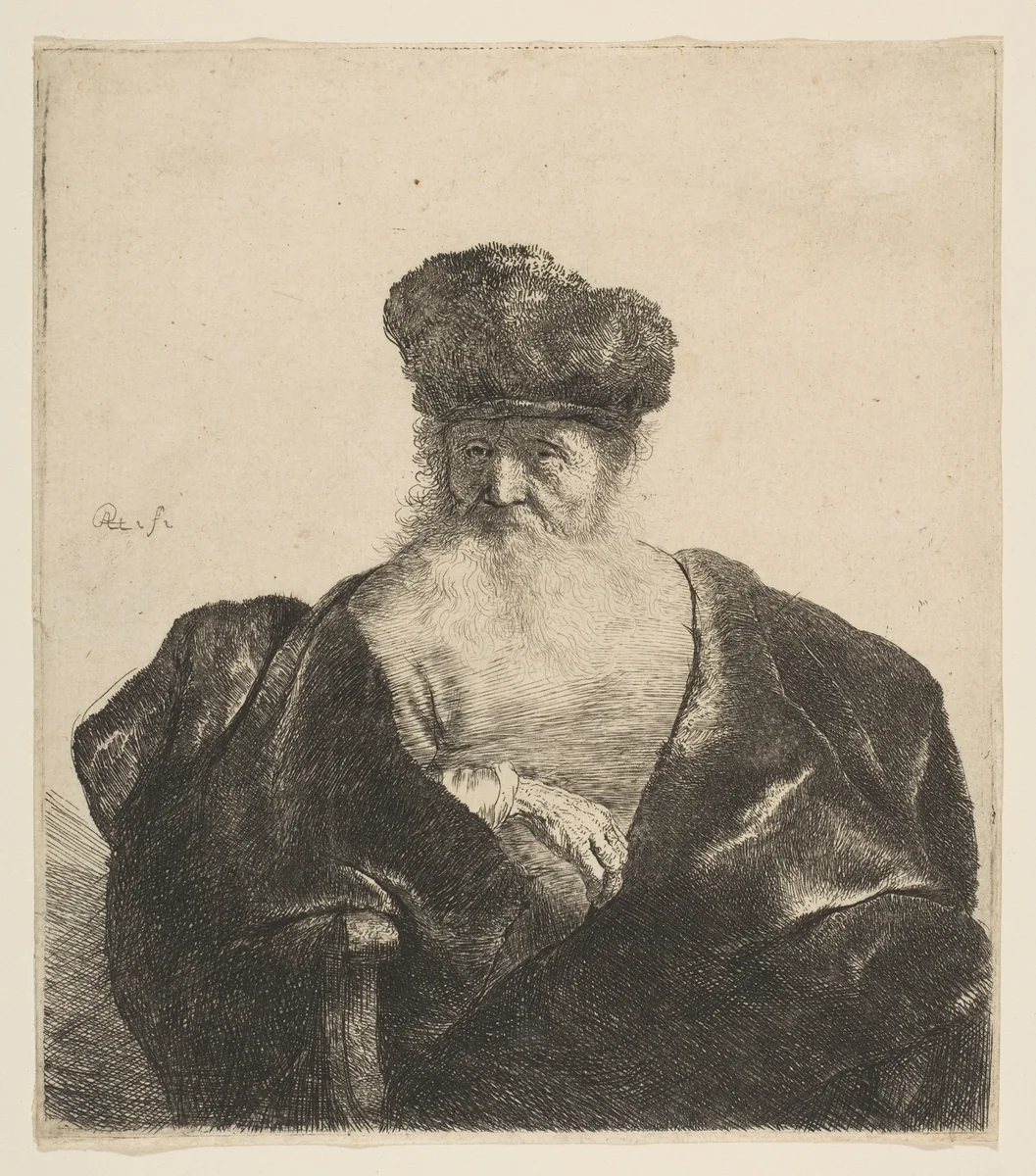 Old Man with Beard, Fur Cap, and Velvet Cloak by Rembrandt van Rijn, print, 1626-1636