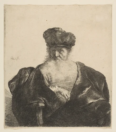 Old Man with Beard, Fur Cap, and Velvet Cloak by Rembrandt van Rijn, print, 1626-1636