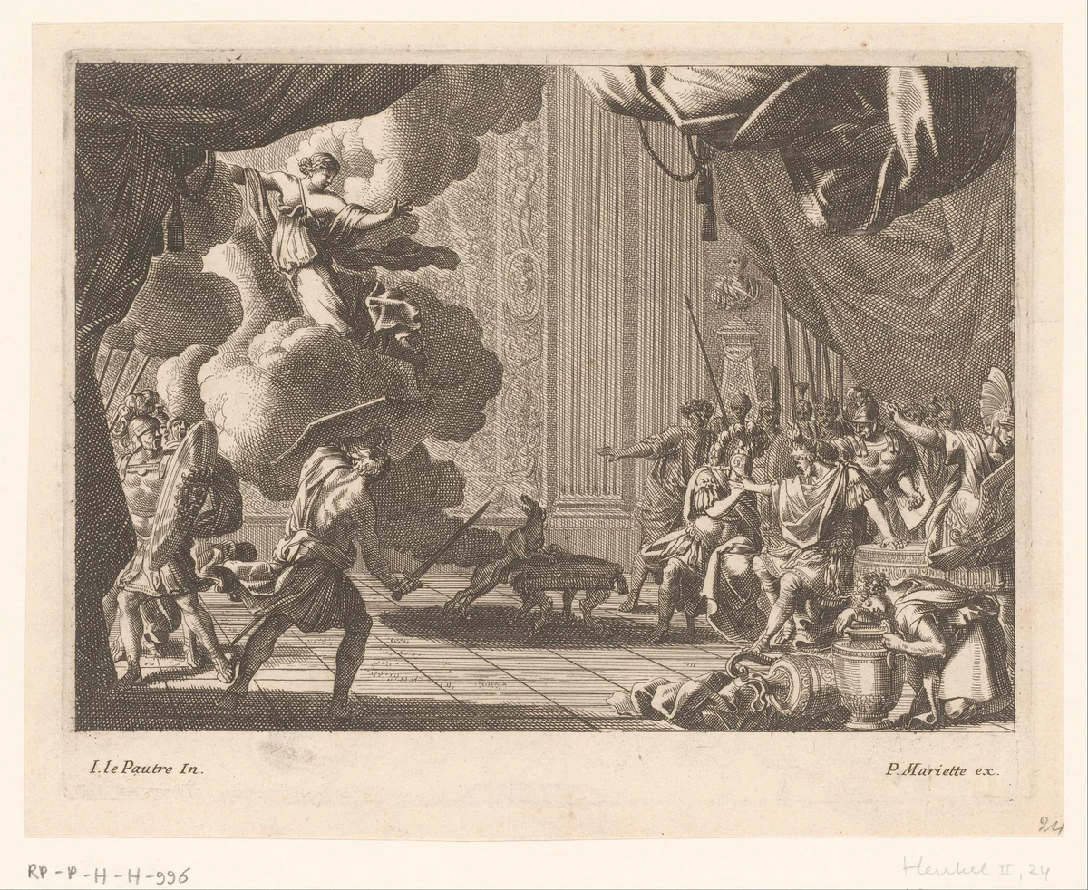 Aegeus herkent zijn zoon Theseus by Jean Lepautre, print, 1628-1682
