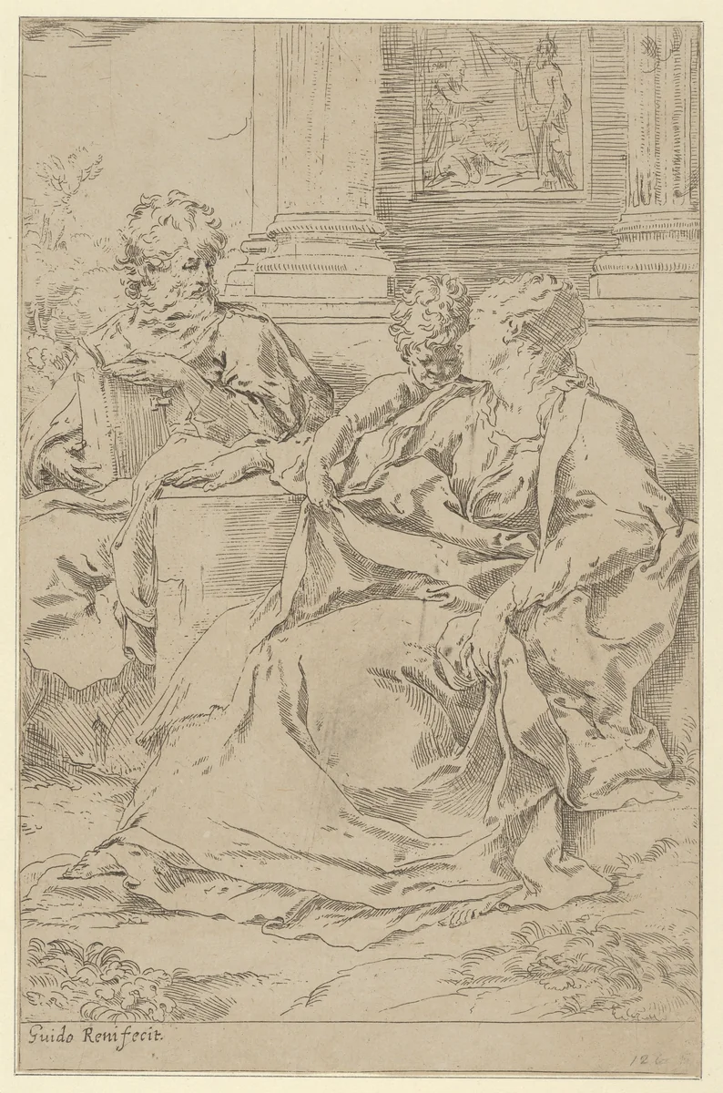 The Holy Family seated together in front of a collonade, Saint Joseph reading and the young Christ grasping the Virgin's drapery by Guido Reni, print, 1585-1615
