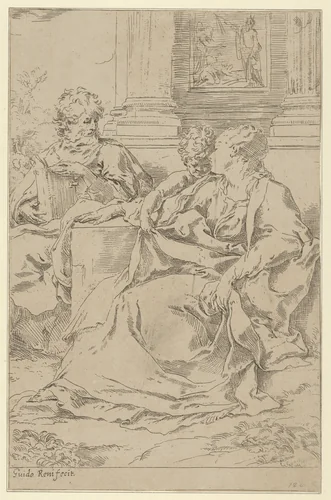 The Holy Family seated together in front of a collonade, Saint Joseph reading and the young Christ grasping the Virgin's drapery by Guido Reni, print, 1585-1615