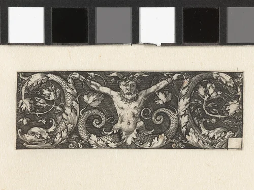 Ornament met sater en dolfijnen by Unknown, print, 1525-1550