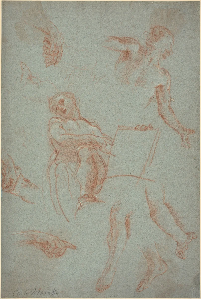 Sheet of Studies with Figures, Hands, and Feet by Agostino Masucci, drawing, 1625-1713
