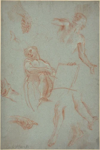 Sheet of Studies with Figures, Hands, and Feet by Agostino Masucci, drawing, 1625-1713