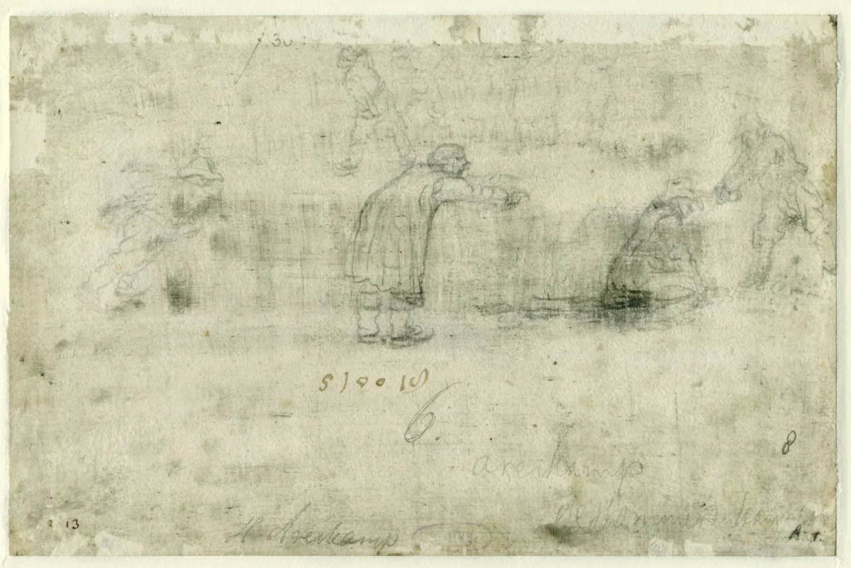Sketches of Figures on the Ice / recto: Winter Scene on the Frozen Canal near the Kalverhekkenpoort, Kampen by Hendrick Avercamp, drawing, 1607