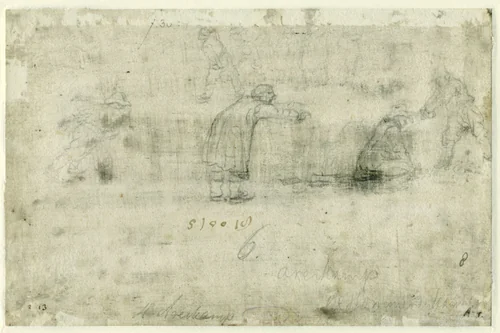 Sketches of Figures on the Ice / recto: Winter Scene on the Frozen Canal near the Kalverhekkenpoort, Kampen by Hendrick Avercamp, drawing, 1607