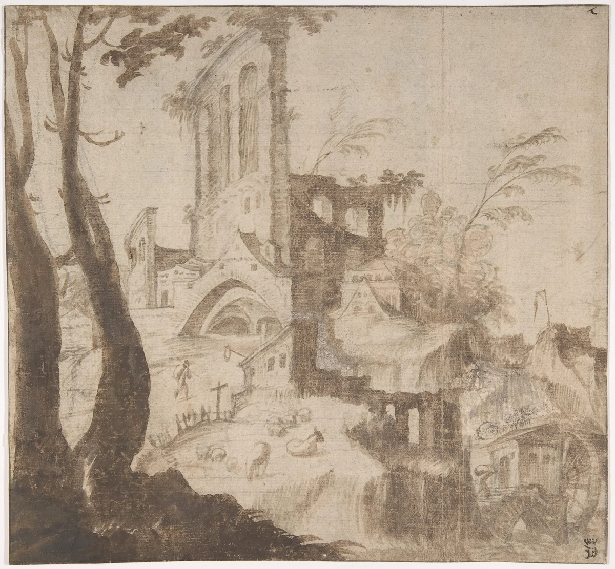 Imaginary Hilly Landscape with Ruins by anonymous, drawing, 1500-1600