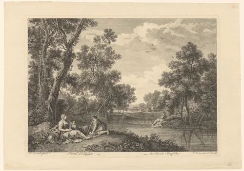 Rustende en vissende mensen in een landschap by François Vivares, print, 1719-1780