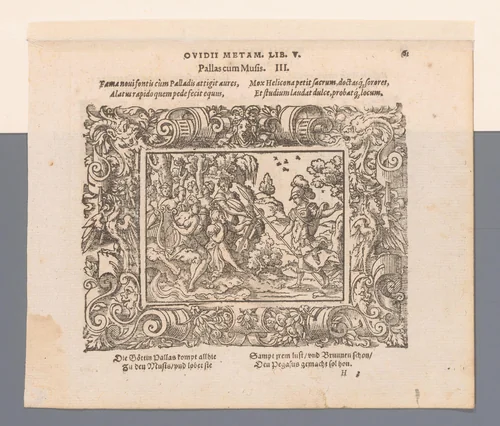 Minerva bezoekt de Muzen op de berg Helicon by Virgilius Solis, print, 1569