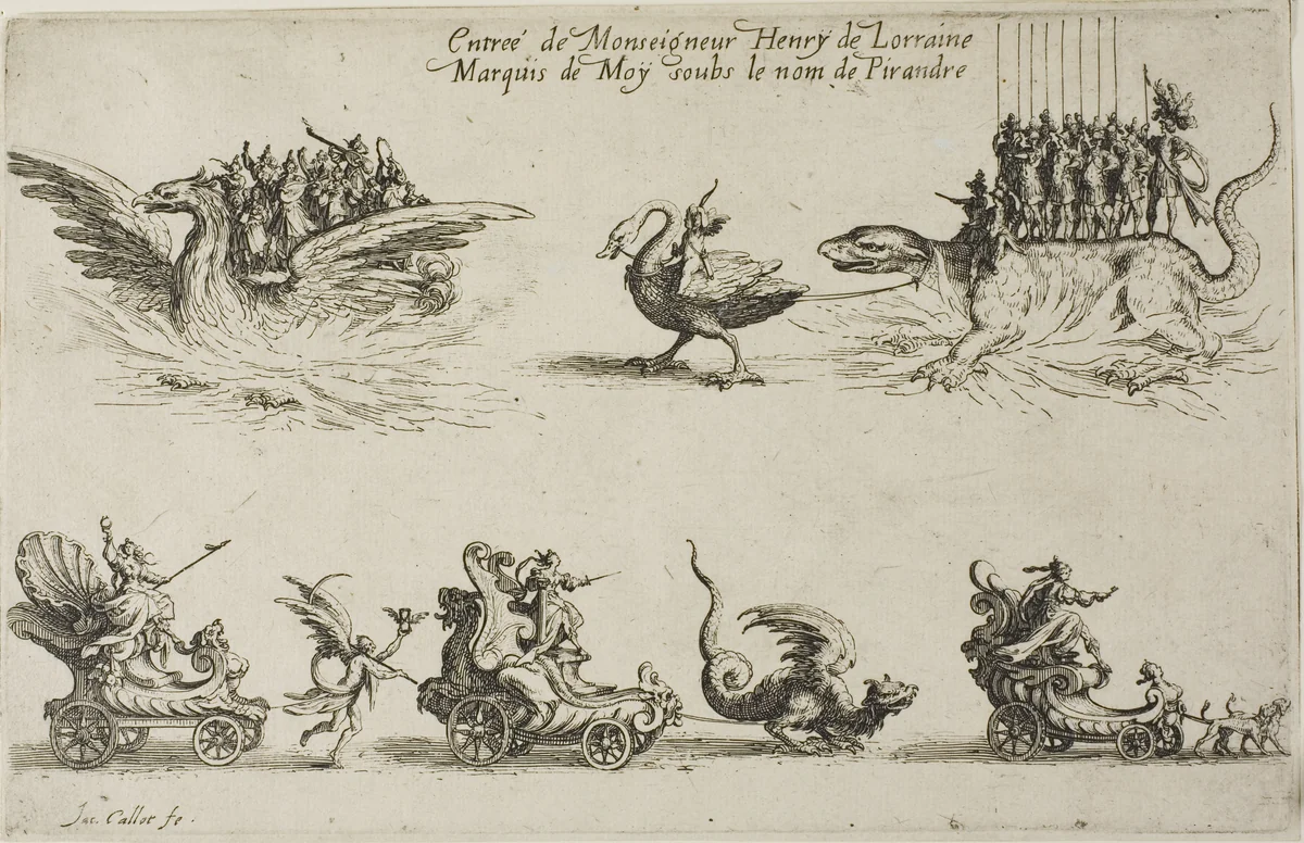 Entry of Monseigneur Henry de Lorraine, Marquis de Moy, under the Name of Pirandre, from The Combat at the Barrier by Jacques Callot, print, 1627