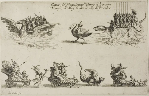 Entry of Monseigneur Henry de Lorraine, Marquis de Moy, under the Name of Pirandre, from The Combat at the Barrier by Jacques Callot, print, 1627