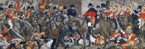 "The Meeting of Wellington & Blucher (Battle of Waterloo)" by Thomas Stevens, textile, 1875-1900