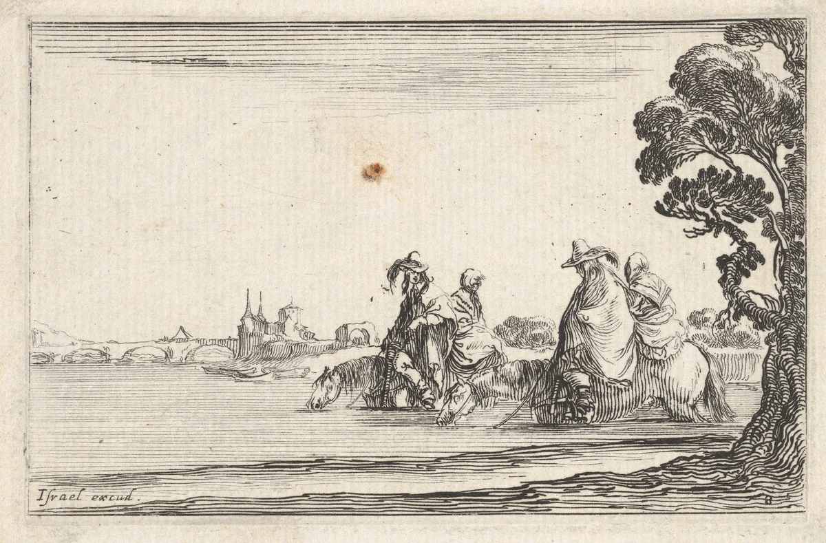 Plate 8: Two horsemen in hats at right, each with a woman seated behind them, riding towards the left in profile across a river, a tree at far right, from "Caprice faict par de la Bella" by Stefano della Bella, print, 1640-1645