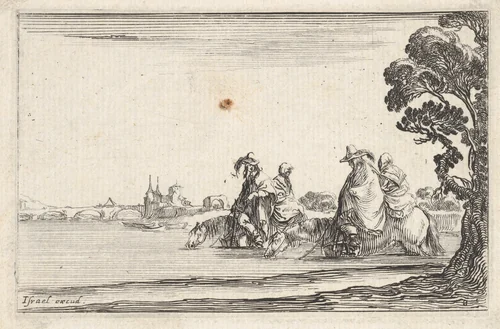 Plate 8: Two horsemen in hats at right, each with a woman seated behind them, riding towards the left in profile across a river, a tree at far right, from "Caprice faict par de la Bella" by Stefano della Bella, print, 1640-1645