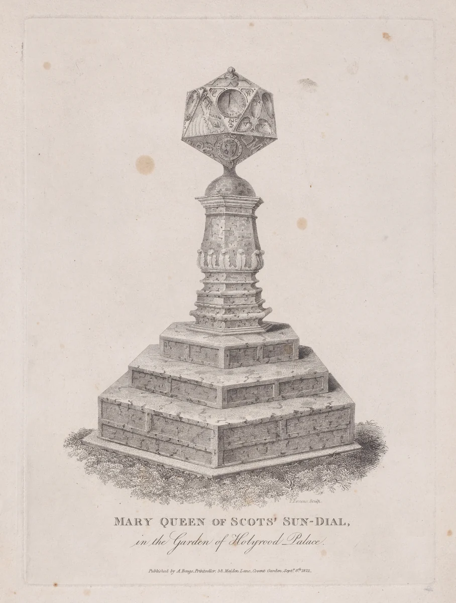 Mary, Queen of Scots's Sundial, in the garden of Holyrood Palace by T. Levens, print, 1822