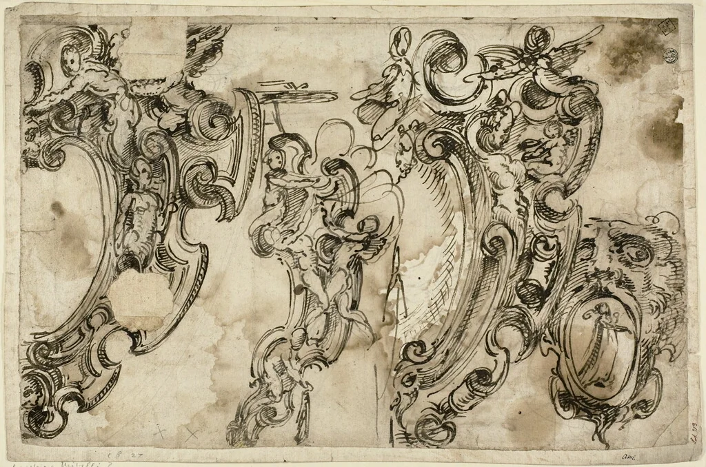 Sketches of Decorative Motifs (recto); Sketch of Decorative Motif (verso) by Agostino Mitelli, drawing, 1629-1660