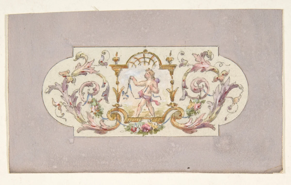 Design for a ceiling with a putto set in a border by Jules-Edmond-Charles Lachaise, drawing, 1850-1900