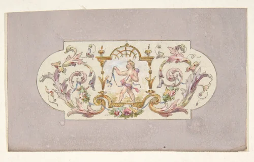 Design for a ceiling with a putto set in a border by Jules-Edmond-Charles Lachaise, drawing, 1850-1900