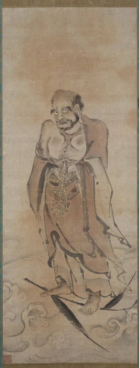 The Zen Patriarch Daruma on a Reed by Shingo, painting, 1500-1599