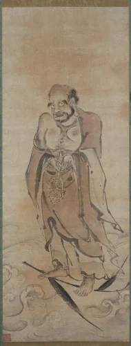 The Zen Patriarch Daruma on a Reed by Shingo, painting, 1500-1599