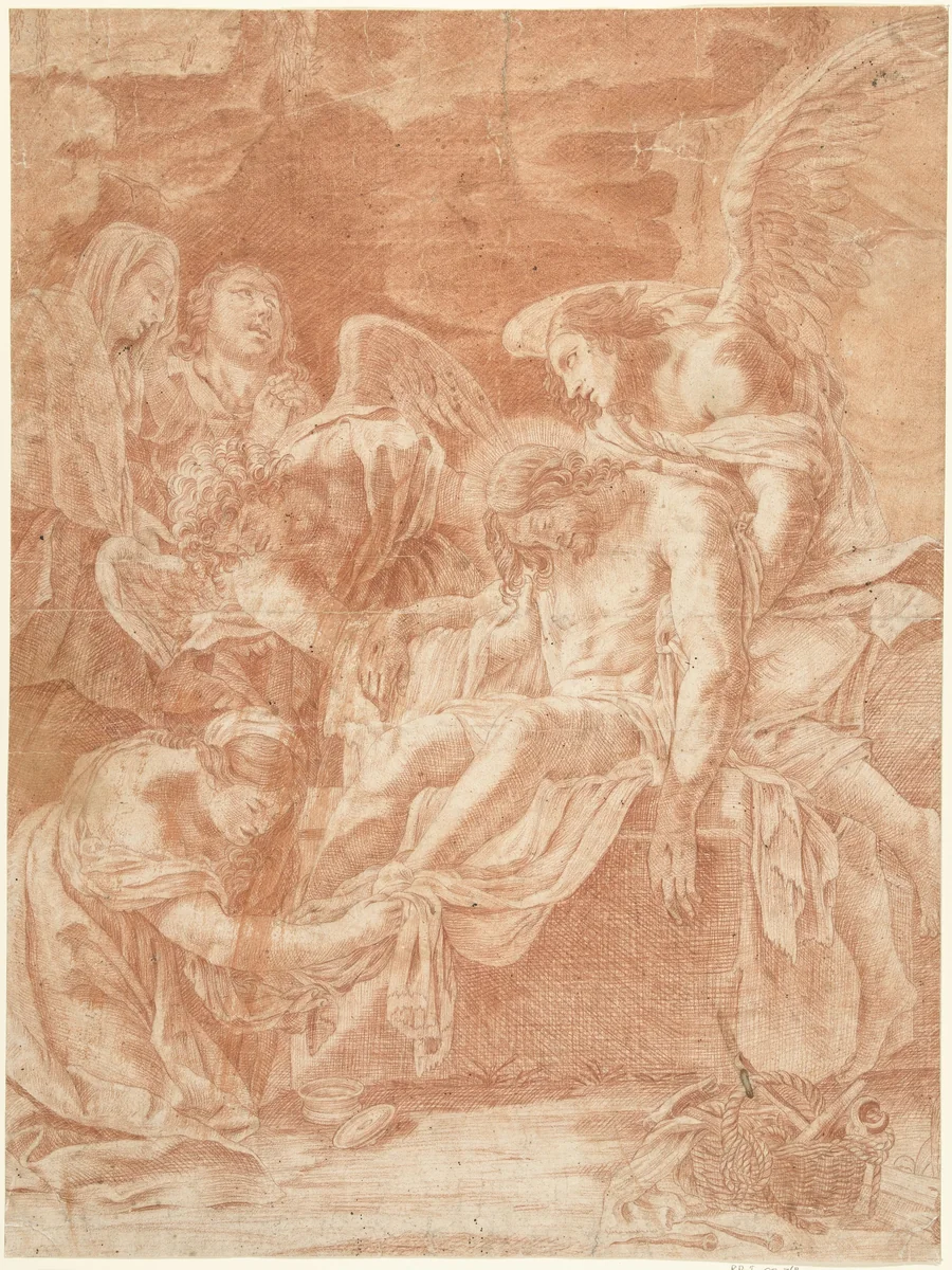 Graflegging van Christus door engelen by anonymous, drawing, 1641-1700