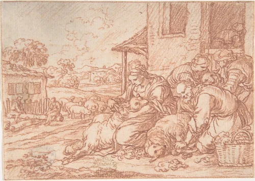 June (one of a series representing the labors of the months) by Jonas Umbach, drawing, 1690