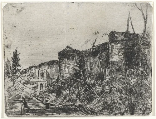 Vestingmuur met schildwacht by Arnoud Schaepkens, print, 1831-1904