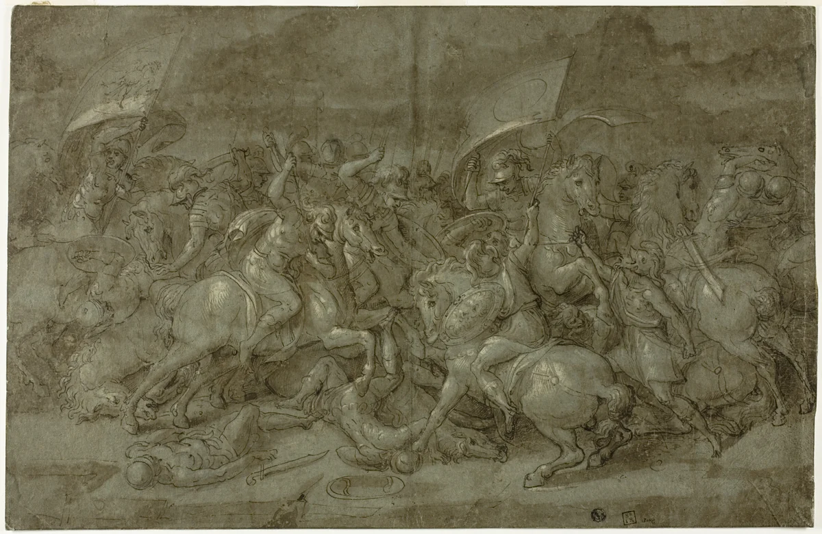 Battle between Romans and Barbarians by None, drawing, 1580-1599