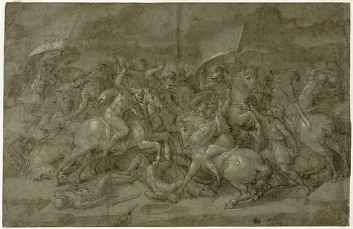 Battle between Romans and Barbarians by None, drawing, 1580-1599