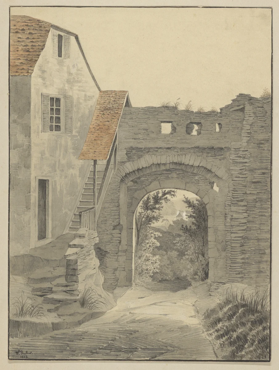 Entryway to Schloss Epstein by W. Becker, drawing, 1852