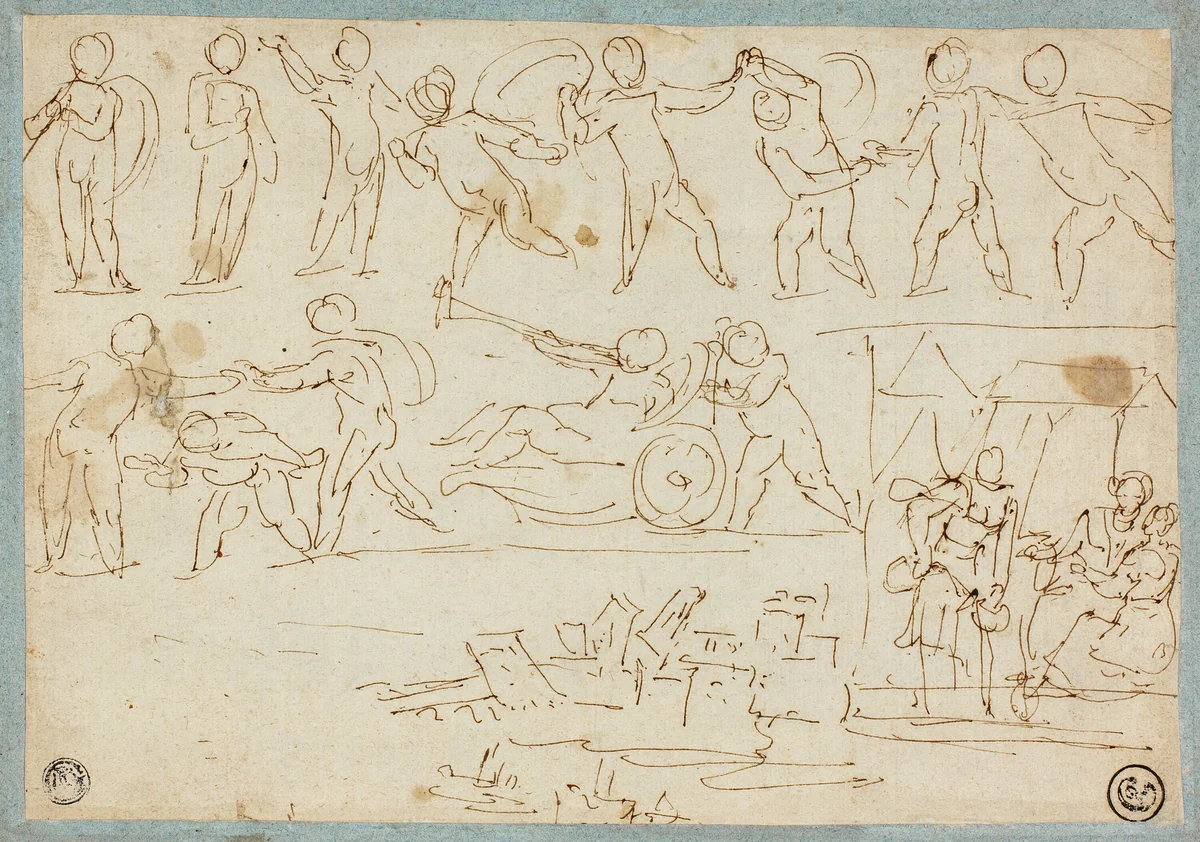 Frieze of Putti, Sketch of Lot and His Daughters, Sketch of Buildings by Agostino Carracci or Annibale Carracci, drawing, 1577-1799