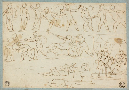 Frieze of Putti, Sketch of Lot and His Daughters, Sketch of Buildings by Agostino Carracci or Annibale Carracci, drawing, 1577-1799